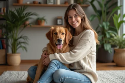 Jeune femme avec son golden retriever dans un salon cosy