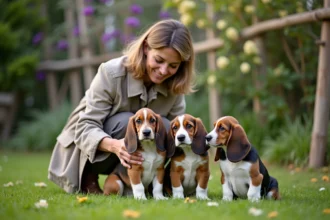 Femme française avec deux chiots basset hound dans un jardin