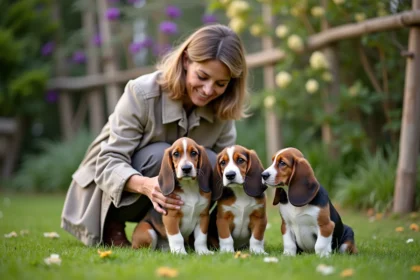 Femme française avec deux chiots basset hound dans un jardin