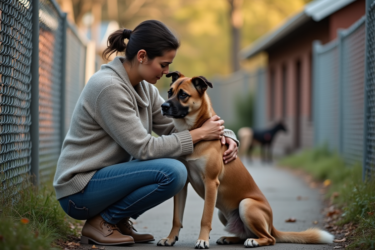 Femme avec chien dans un refuge animalier en extérieur