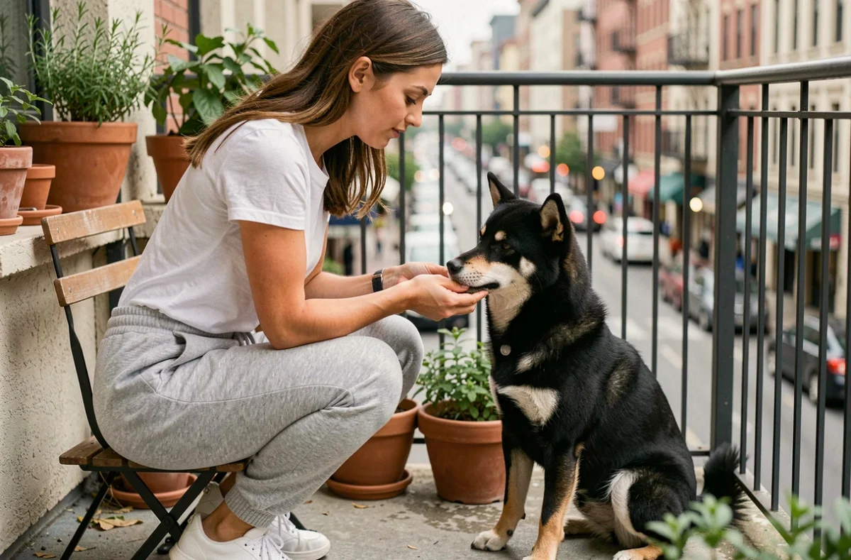 Femme jouant avec une Shiba Inu noire sur un balcon d'appartement urbain, montrant la cohabitation quotidienne avec ce chien en milieu citadin