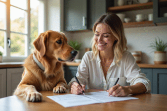 Femme souriante signe un contrat d'assurance pour son animal