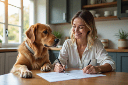 Femme souriante signe un contrat d'assurance pour son animal