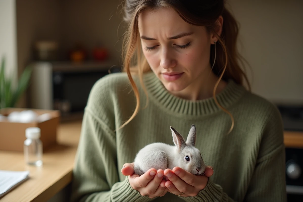 Femme tenant délicatement un bébé lapin naissant dans ses mains pour lui prodiguer des soins