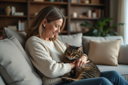 Femme assise avec un chaton tabby dans un salon cosy