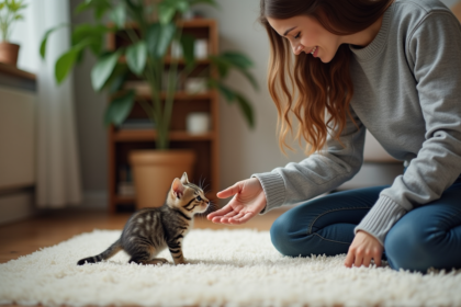 Jeune femme offrant sa main à un chaton dans un salon chaleureux