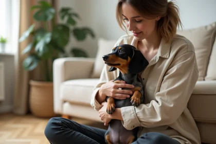 Jeune femme tenant un teckel arlequin dans un salon moderne et épuré, idéal pour les primo-adoptants