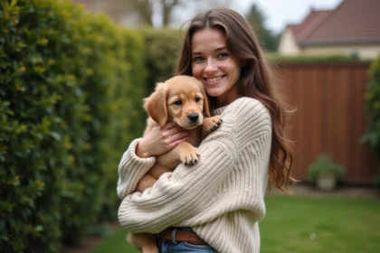Jeune femme tenant un chiot dans ses bras dans un jardin en Gironde, illustration pour choisir un chiot à donner gratuitement
