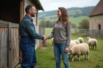 Paysage rural avec fermier et femme souriante près d'une enclos
