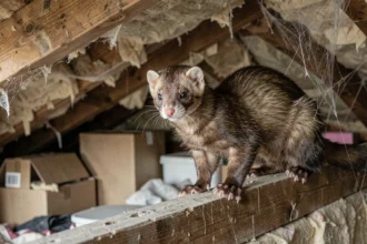 Fouine perchée sur une poutre en bois dans un grenier poussiéreux, illustrant la présence d'animaux nocturnes dans les combles