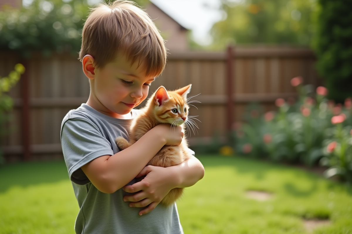 Jeune garçon avec son chaton ginger dans le jardin