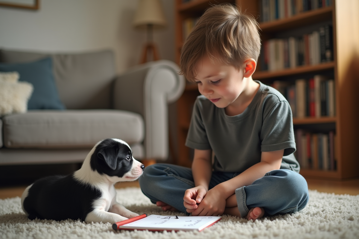 Jeune garçon avec un chiot noir et blanc dans le salon