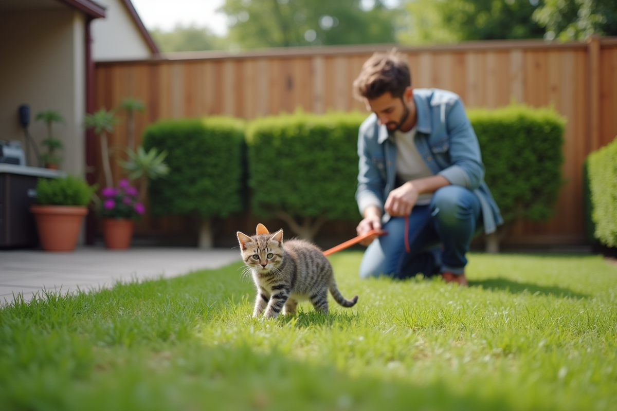 Jeune homme avec un chaton tigré dans un jardin ensoleille