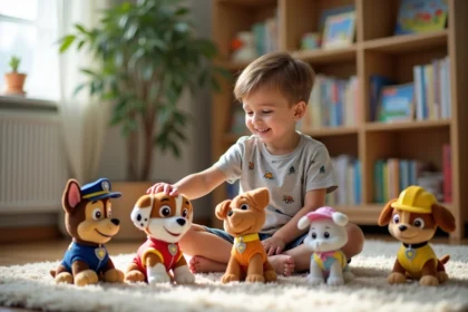 Jeune garçon arrangeant des peluches Paw Patrol dans le salon