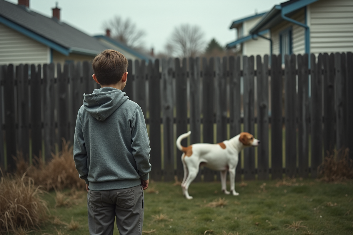 Adolescent observant un chien dans un jardin suburbain