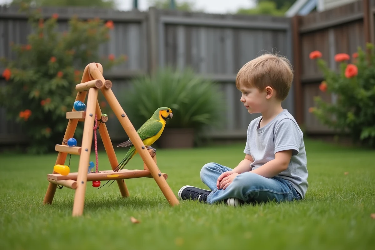 Jeune garçon regardant un kakariki dans un jardin ensoleille
