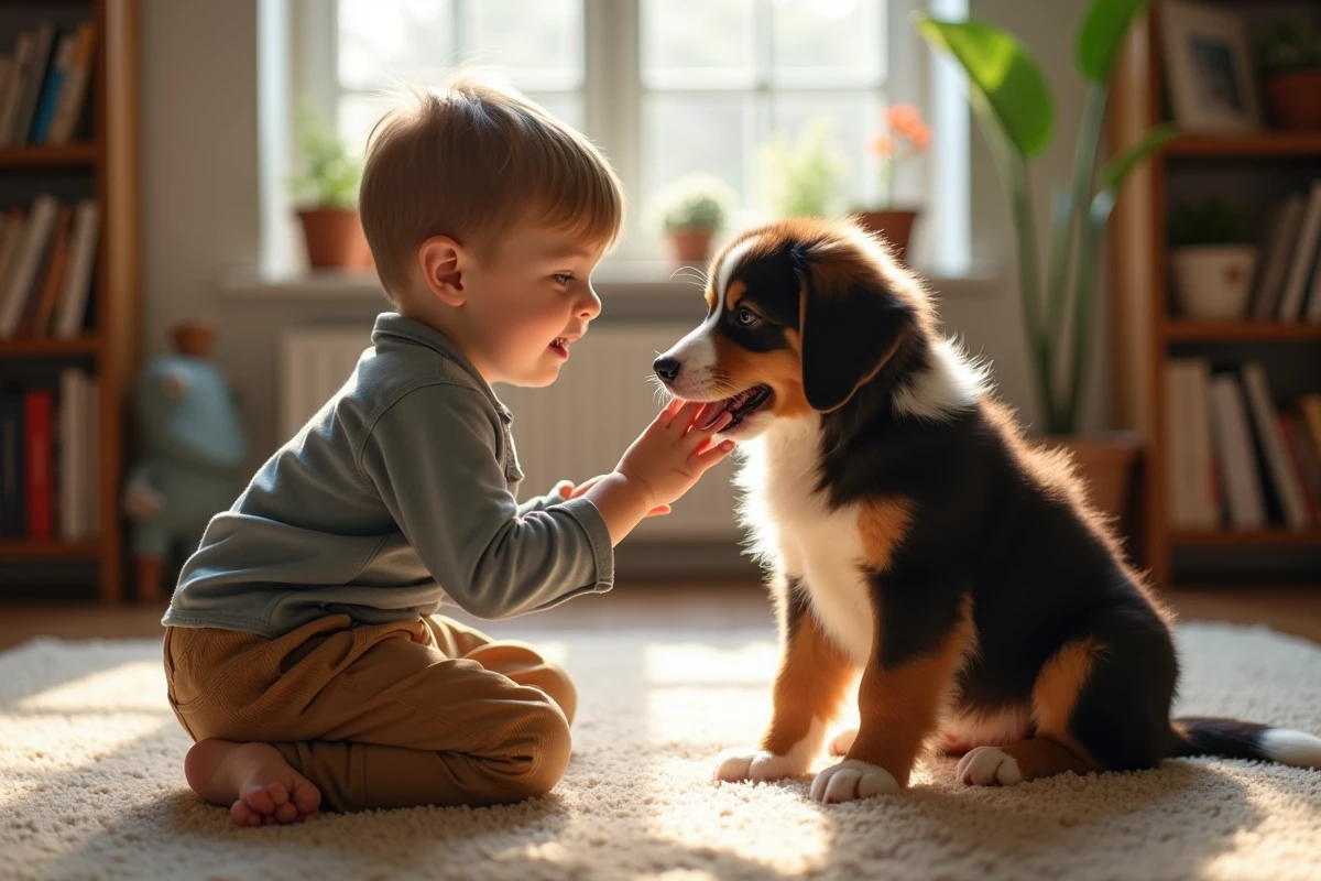 Garçon de cinq ans caressant un chiot dans un salon ensoleille