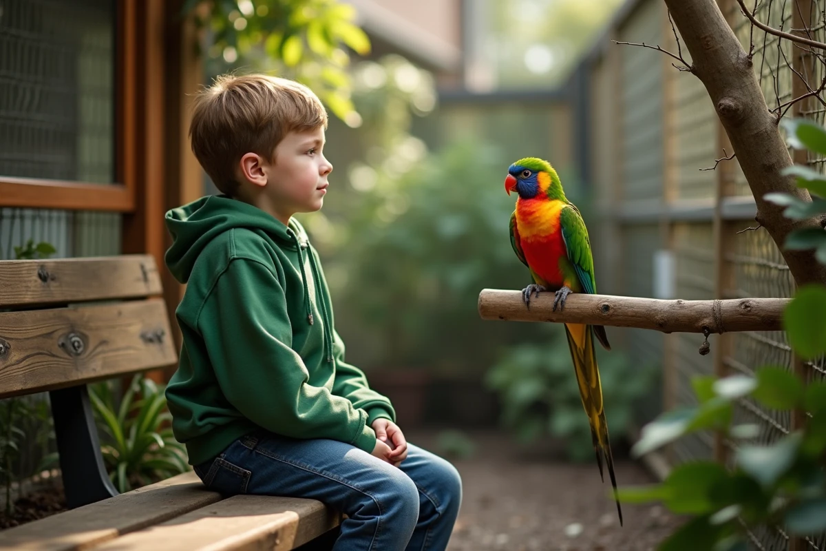 Garçon de 10 ans dans un jardin avec un perroquet rosella