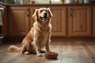 Chien Golden Retriever assis devant un bol de croquettes dans une cuisine en bois, illustrant une alimentation saine pour chien