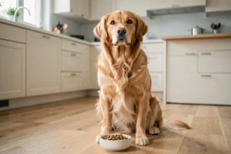 Golden retriever en pleine santé avec un poil brillant devant sa gamelle de croquettes Ultra Premium dans une cuisine moderne