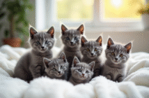 Plusieurs chatons gris de différentes races sur une couverture blanche