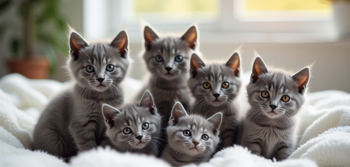 Plusieurs chatons gris de différentes races sur une couverture blanche