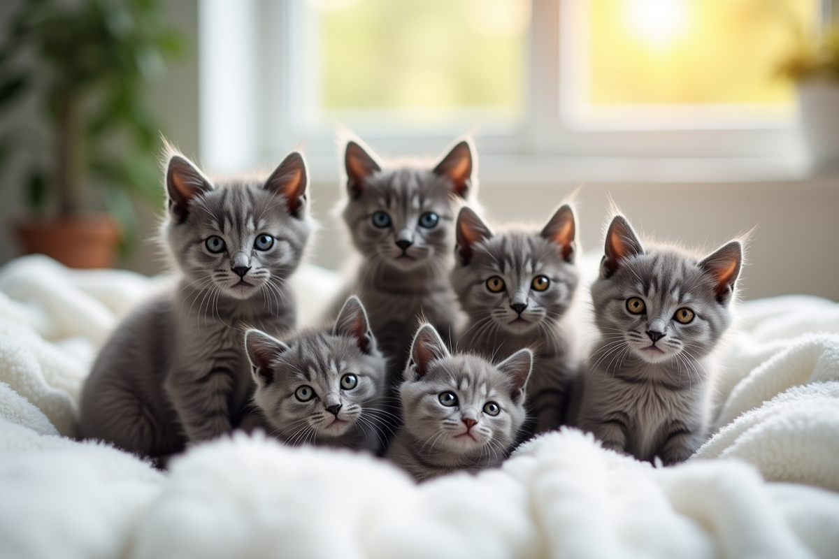 Plusieurs chatons gris de différentes races sur une couverture blanche
