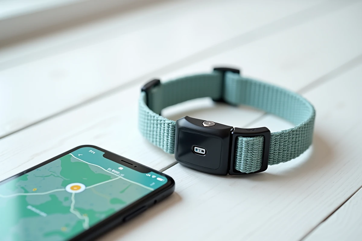 Collier GPS connecté pour chien en gros plan avec module de localisation et smartphone affichant une carte de suivi en temps réel