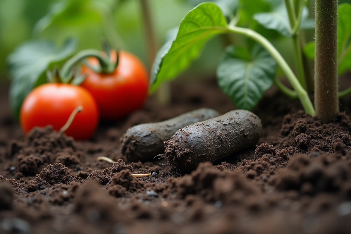Gros plan sur des crottes de sanglier au sol dans un potager, près d'une plant de tomate déracinée, avec texture détaillée des déjections et sol meuble perturbé