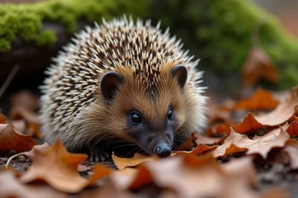 Hérisson européen enroulé en U sur un lit de feuilles mortes en automne, animal en U dans son environnement naturel