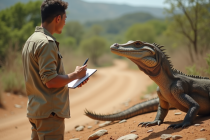 Jeune scientifique observant un dragon de Komodo en plein air