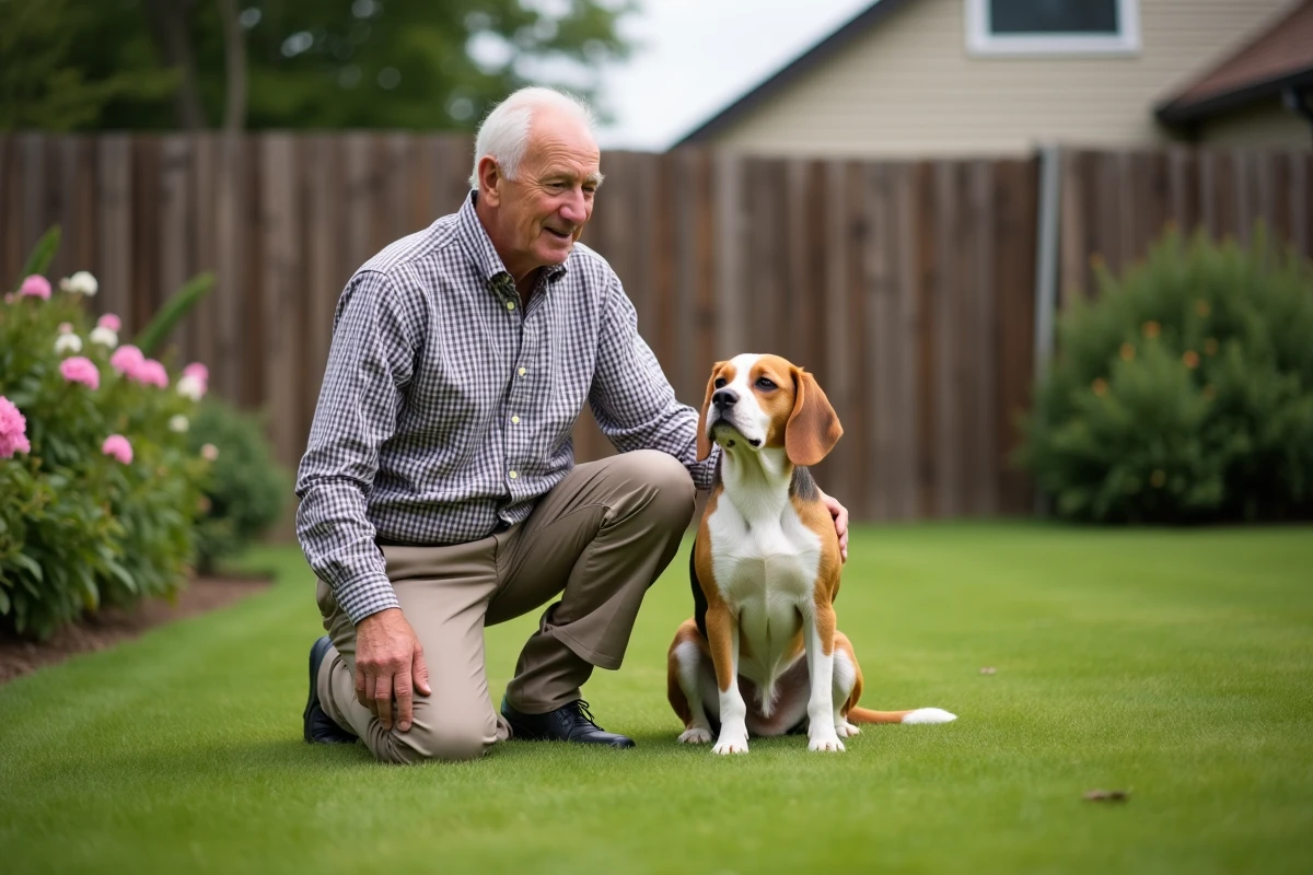 Homme âgé avec son beagle dans un jardin verdoyant