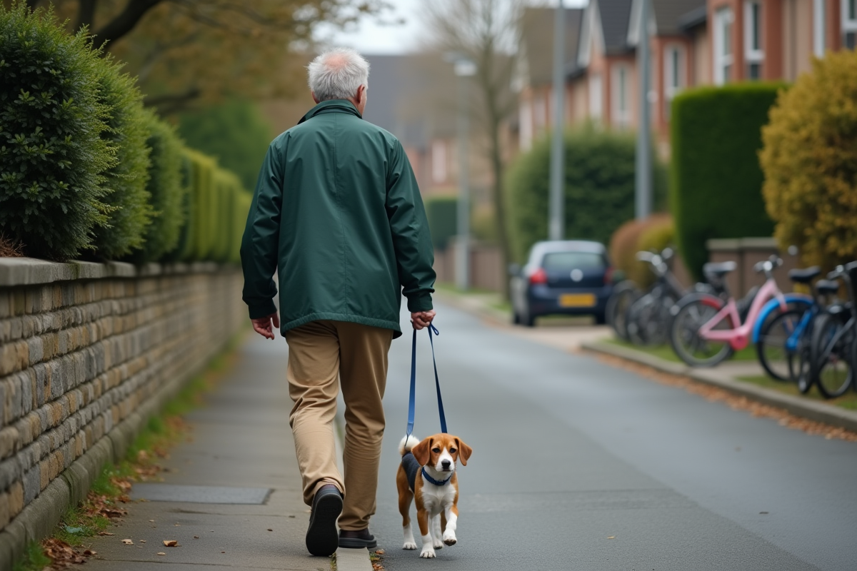 Homme marche avec un petit beagle dans une rue résidentielle