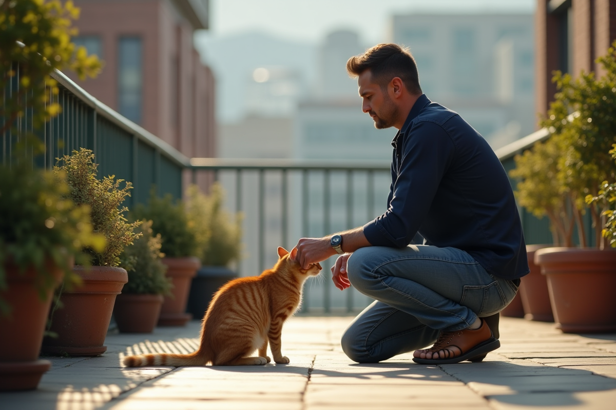 Homme regardant un chat ginger sur un balcon urbain ensoleille