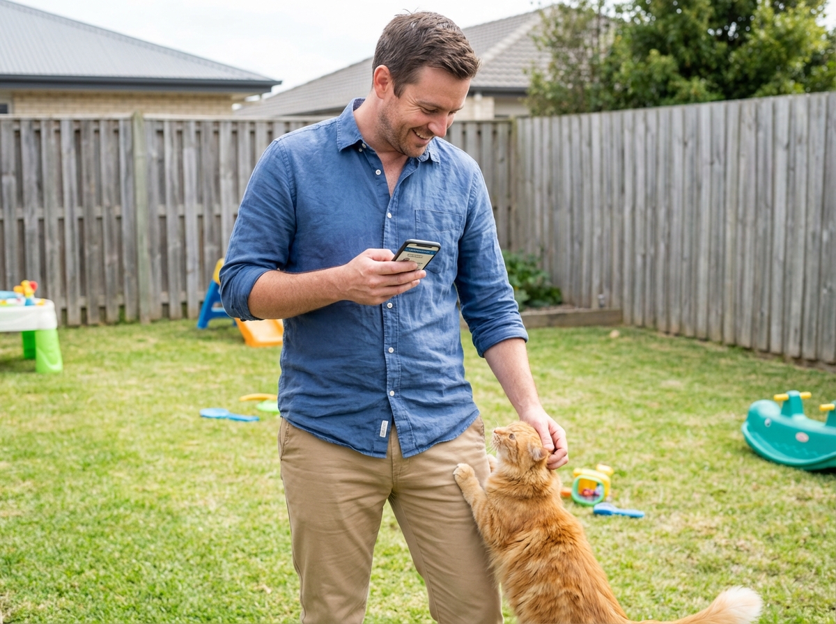 Homme dans le jardin caressant son chat orange