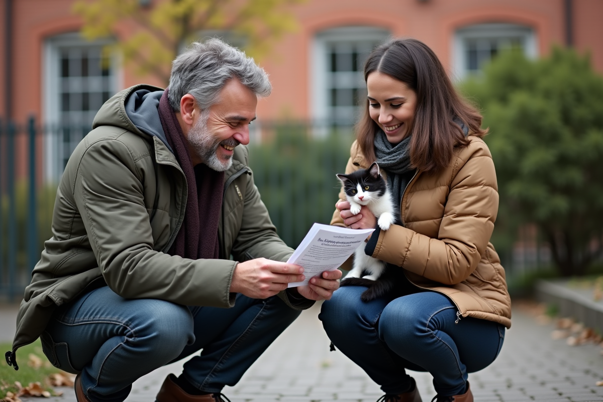 Homme avec un chaton noir et blanc dans une cour de refuge
