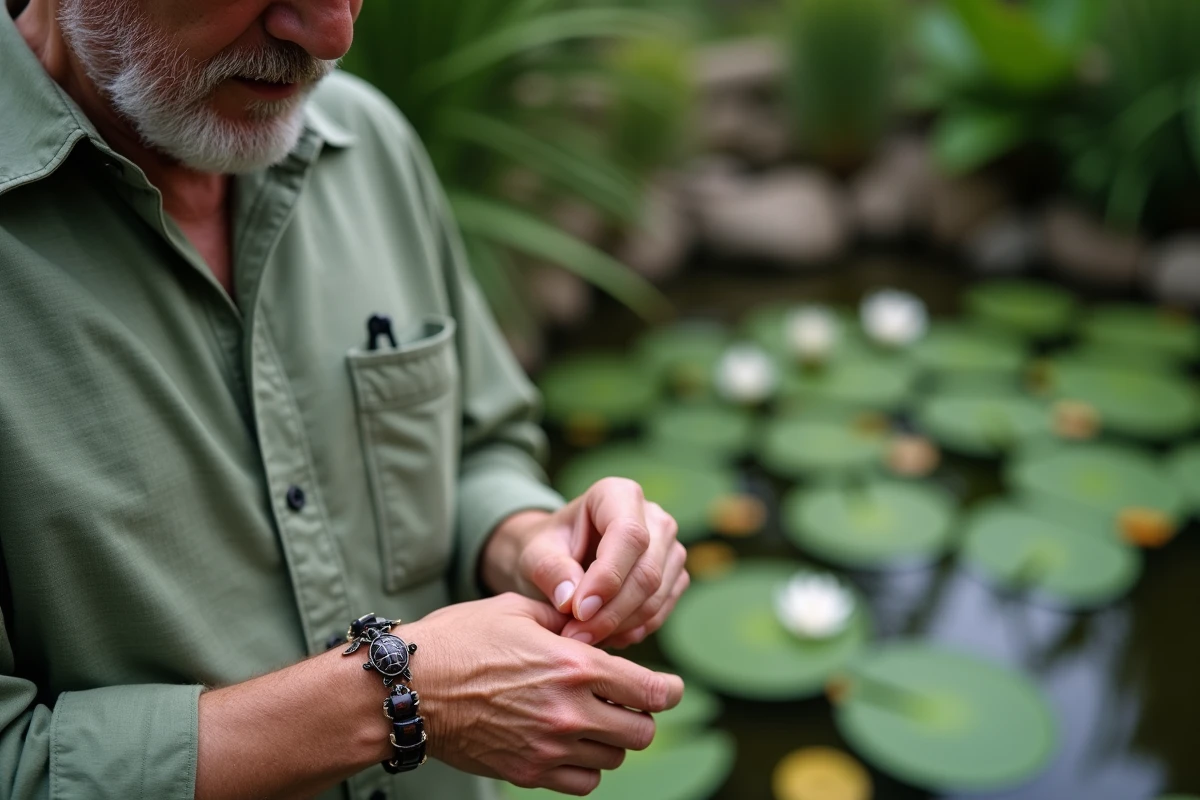 Homme ajustant bracelet tortue en nature