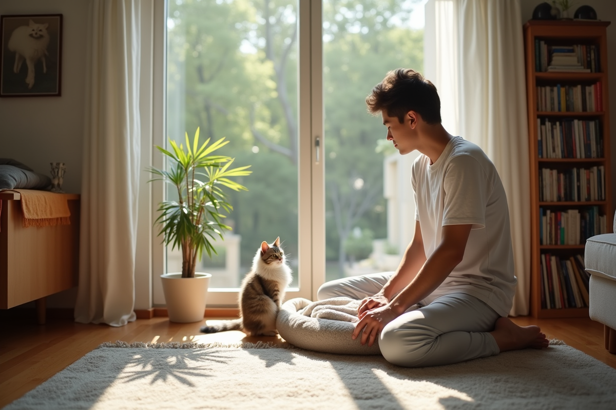 Jeune homme plaçant un lit pour chat près de la fenêtre dans un salon