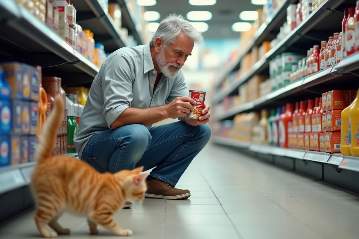 Homme lisant une étiquette de boîte avec chat dans un supermarché