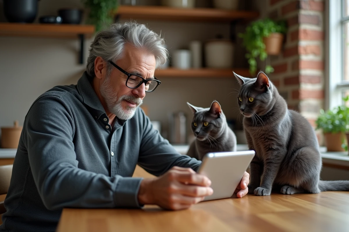Homme avec lunettes consultant un site dédié aux chats sur une tablette entouré de deux chats gris dans une cuisine vintage