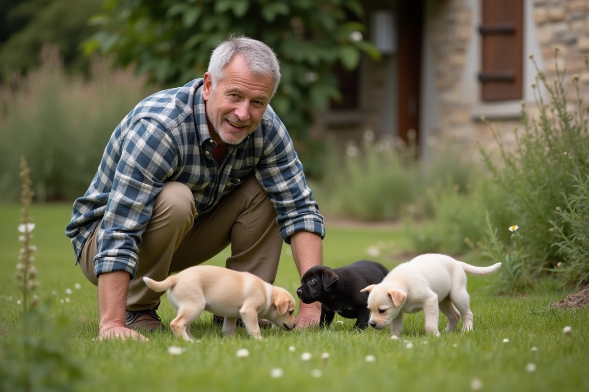 Homme accroupi interagissant avec une portée de chiots dans la campagne girondine, guide pour adopter un chiot gratuitement