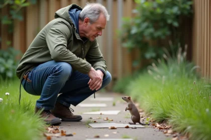 Homme curieux observe une petite souris dans un jardin