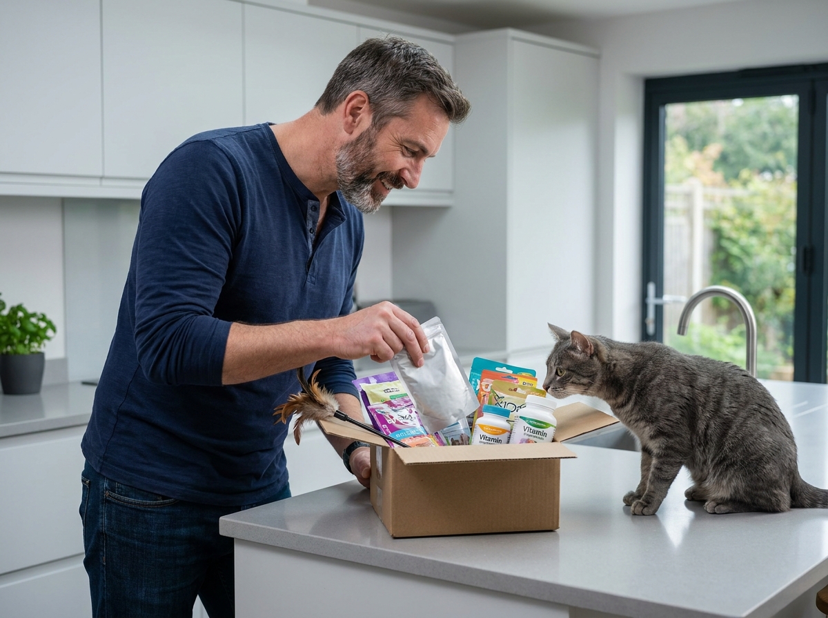 Homme déballant une commande en ligne de produits pour chat pendant que son chat tigré gris observe avec curiosité sur le plan de travail de cuisine