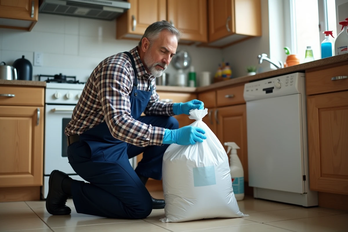 Homme étiquetant un sac poubelle dans la cuisine
