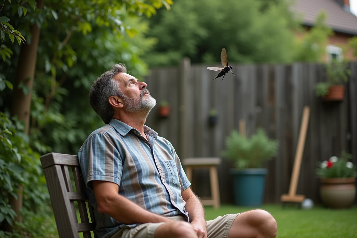 Homme curieux regardant un insecte dans un jardin