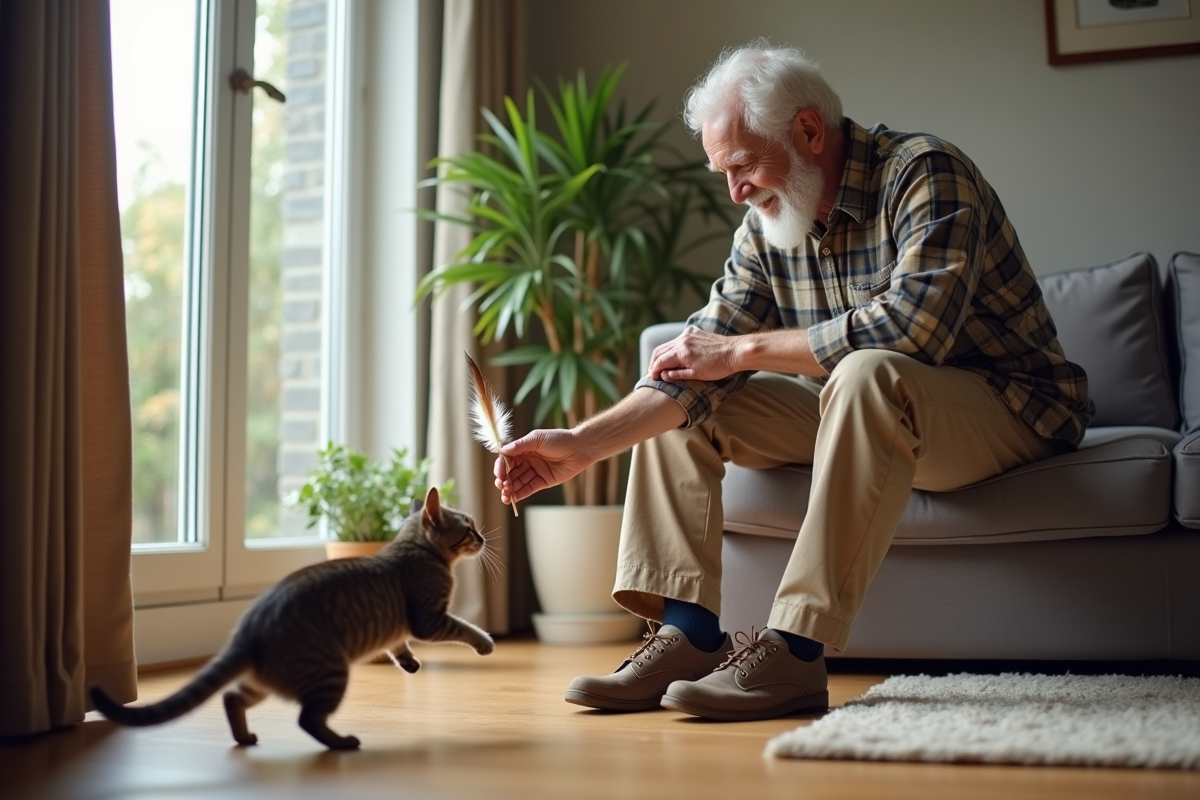 Homme âgé jouant avec un chat dans un salon lumineux
