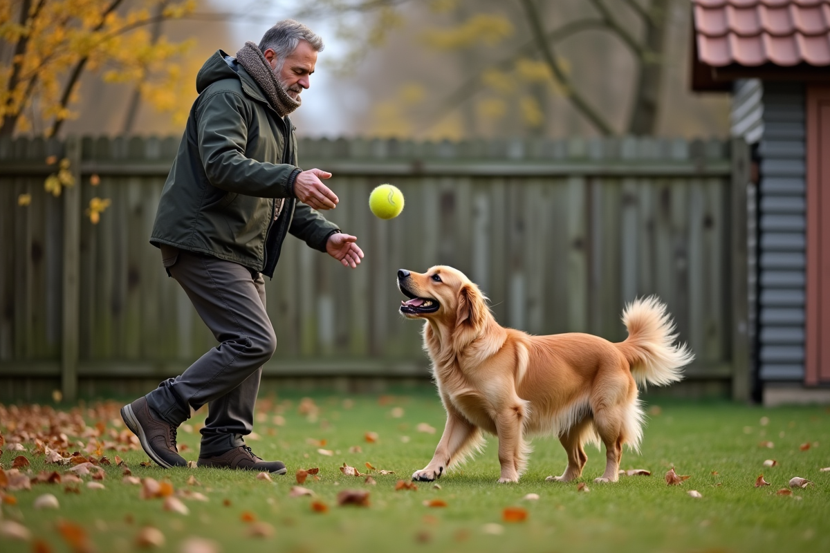 Homme middleaged jouant avec un chien dans le jardin