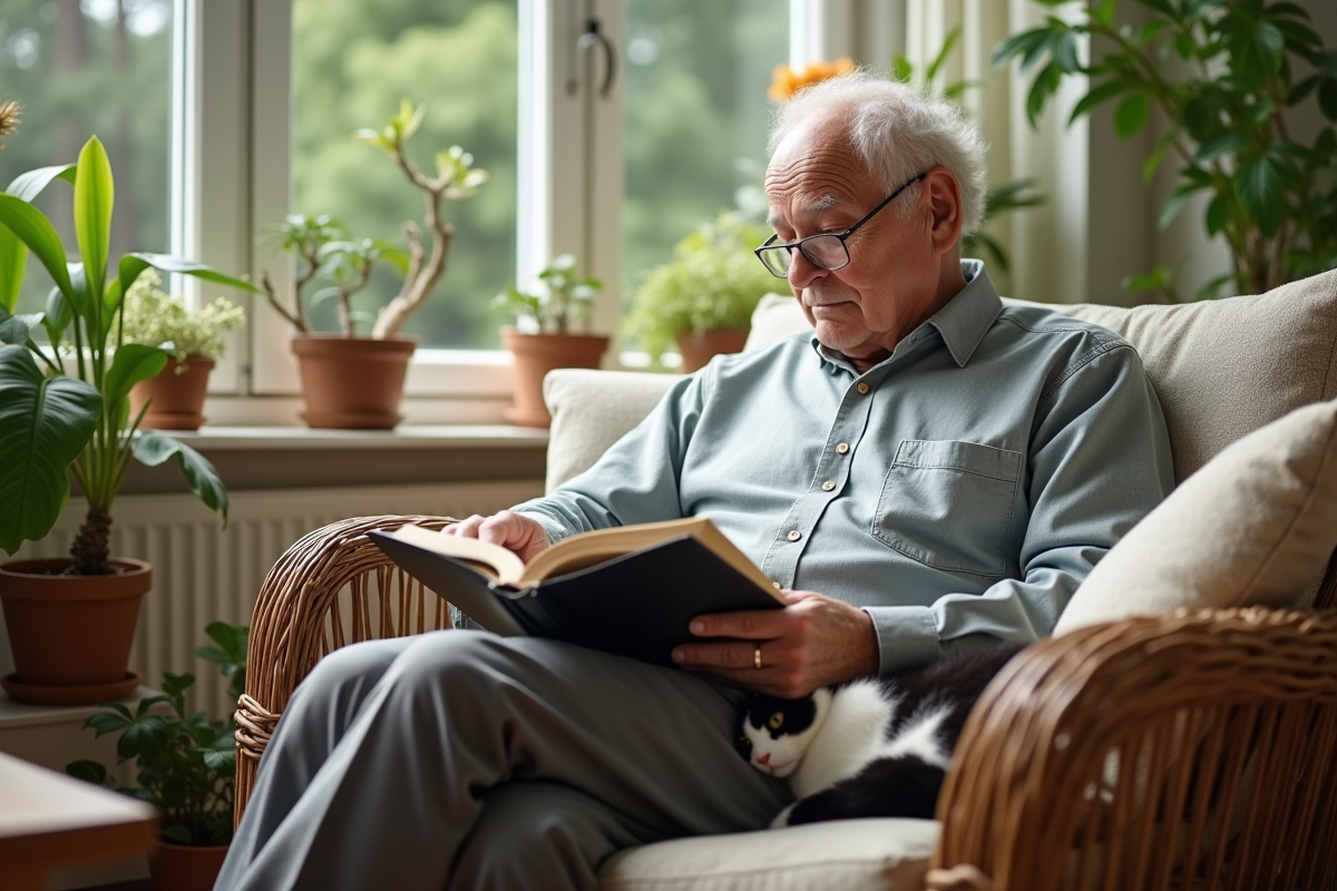 Un homme âgé lisant avec un chat noir et blanc à ses côtés dans une véranda