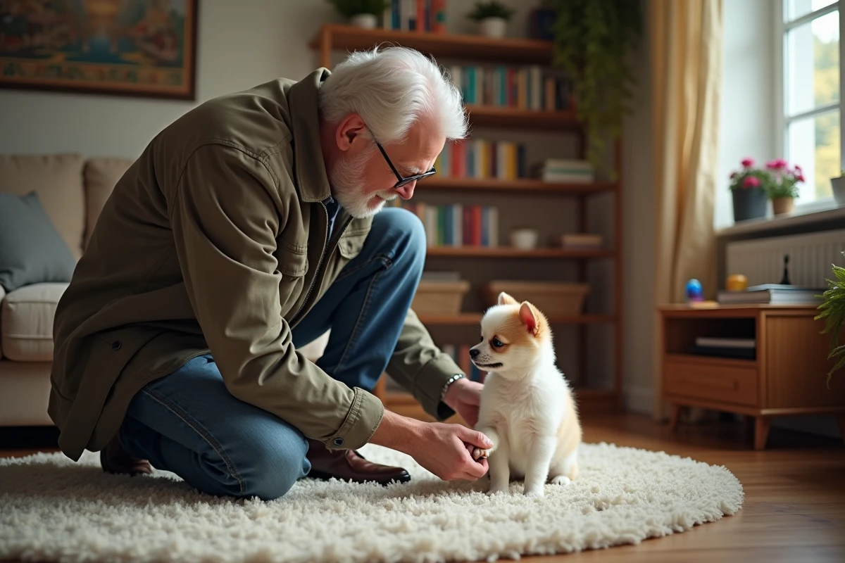 Homme âgé vérifiant la patte de son chiot SpitzChihuahua à la maison