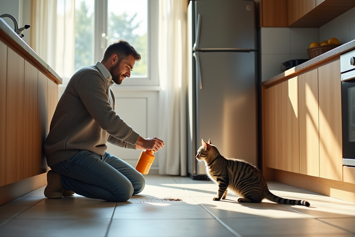 Homme nettoyant le sol de la cuisine avec un chat à côté